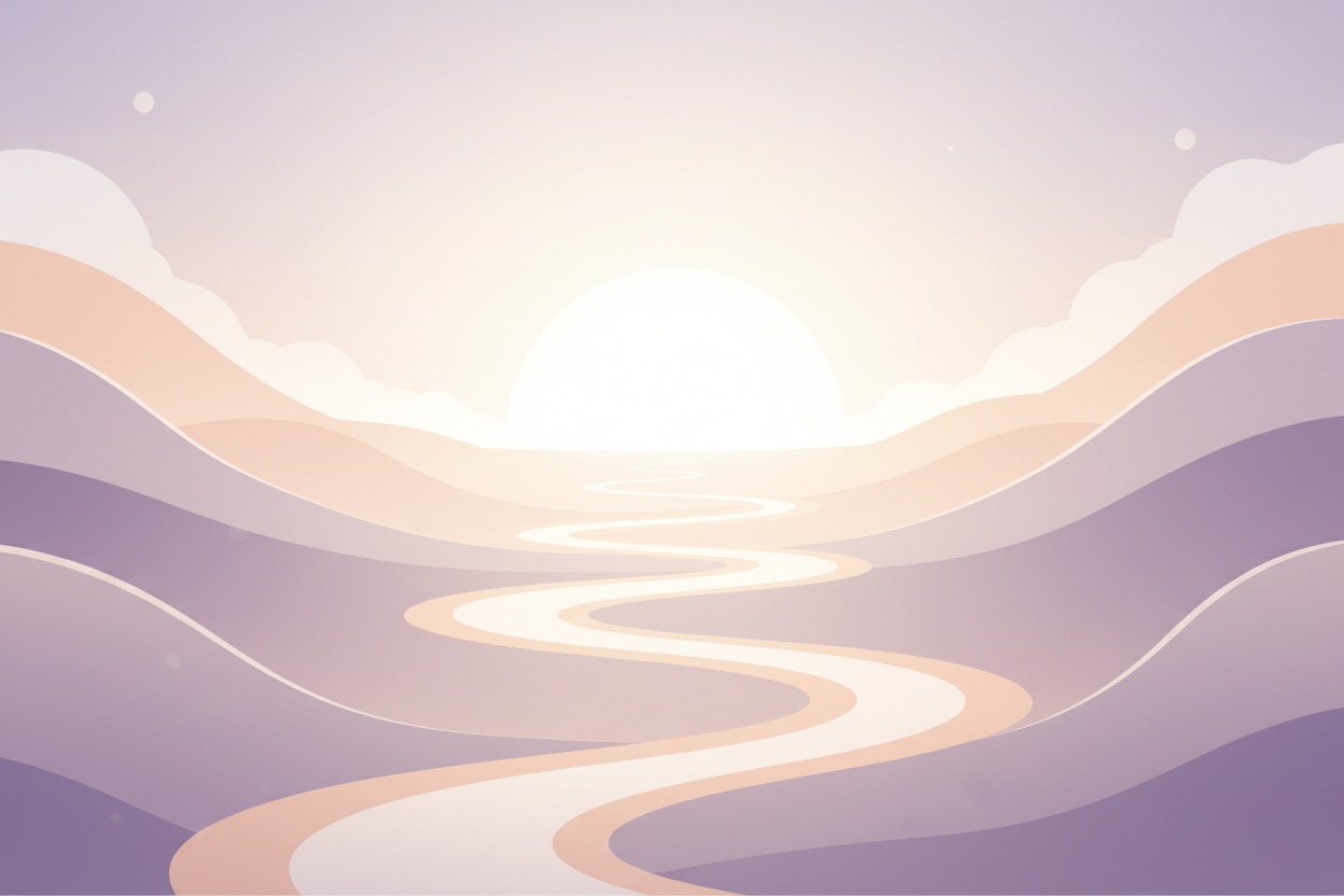 Camino abstracto y orgánico formado por suaves curvas entre tonos lavanda, melocotón y beige, inspirado en naturaleza, calma y transformación personal. Fondo luminoso, delicado y moderno, con formas suaves que recuerdan a colinas, senderos y amanecer. Imagen horizontal para cabecera web, estilo elegante, minimalista y acogedor. Sin texto, sin personas, sin consulta médica.